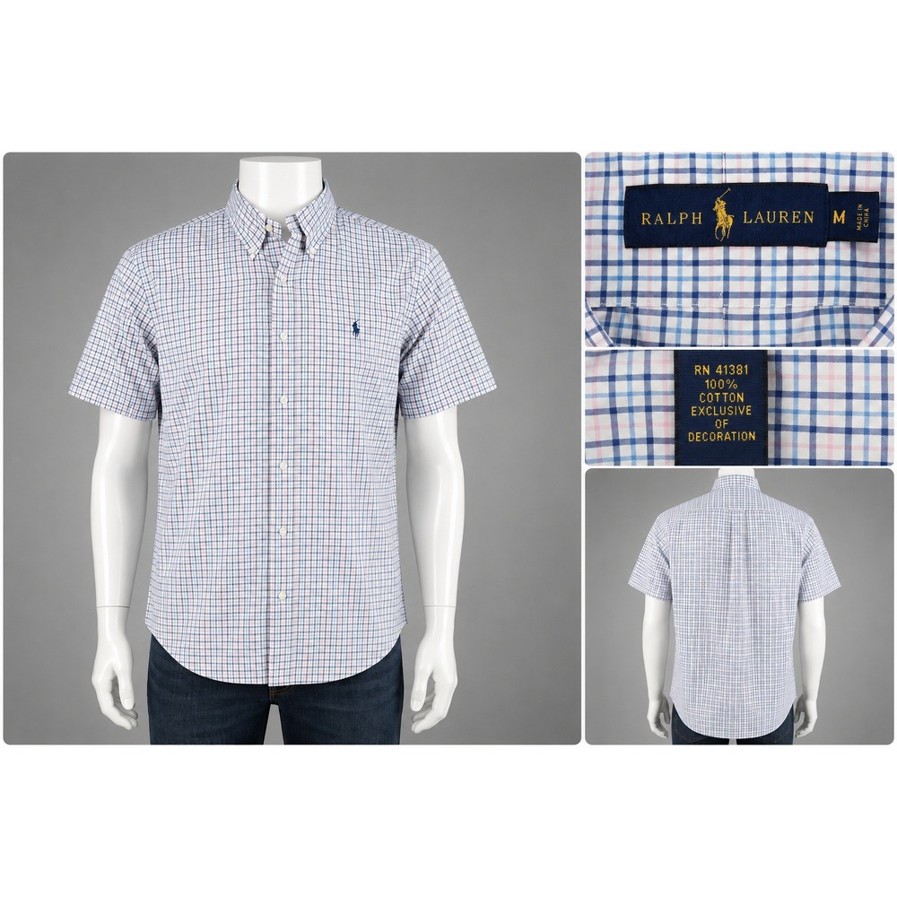 Ralph Lauren Men's Medium Blue Pink Plaid Button Front Shirt Short Sleeve Cotton